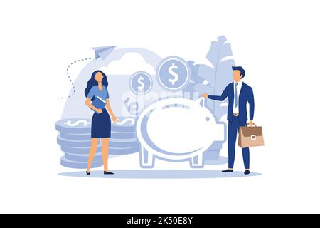 Ein großes Sparschwein in Form eines Ferkelchens auf weißem Hintergrund, kleine Banker arbeiten, sparen oder sammeln Geld, eine Münzbox mit fal Stock Vektor