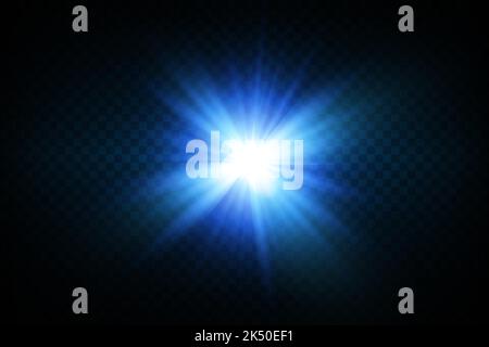 Leuchteffekt mit weißen und blauen Funken, die mit speziellem Licht leuchten. Weiß leuchtendes Licht. Sternenlicht von Strahlen. Die Sonne ist beleuchtet. Hell Stock Vektor