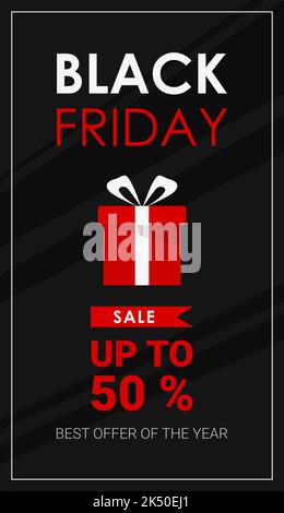 Text Black Friday Sale bis zu 50 Geschenkbox mit Schleife Stock Vektor