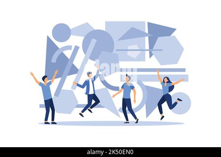 Ein Team von Menschen montieren ein abstraktes geometrisches Puzzle. Charaktere sammeln geometrische Formen Vektor flach modernes Design Illustration Stock Vektor