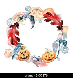 Halloween Kranz mit bunten Kürbissen Aquarell Illustration isoliert auf weiß. Kreis Rahmen von Herbstpflanzen mit Pilz, Krähe, Toadstool Hand dra Stockfoto