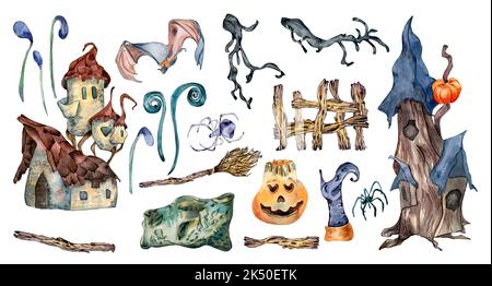 Buntes Halloween-Set mit Haunted House Aquarell-Illustration auf Weiß isoliert. Krumme Hütte, Zaun, Fledermaus, Besen und Grabstein, Kürbis von Hand gezeichnet Stockfoto