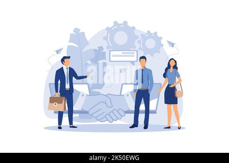 Online Abschluss der Transaktion. Die Eröffnung eines neuen Start-ups. Business-Handshake, per Telefon und Laptop flach modernes Design Illustration Stock Vektor