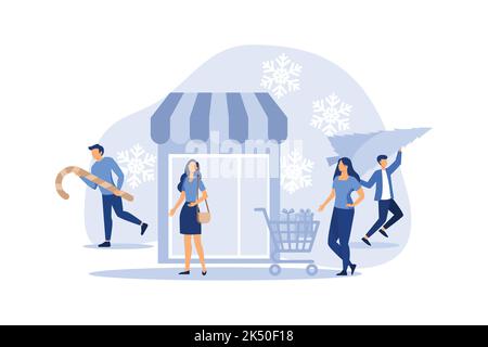 Fußgänger beeilen sich mit Geschenken auf ihr eigenes Geschäft, Urlaubsstimmung vor dem neuen Jahr und Weihnachten Vektor flach modernes Design Illustration Stock Vektor