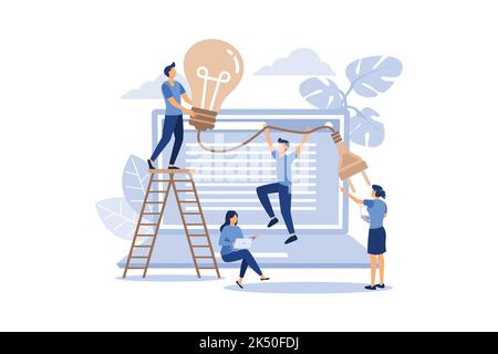 Büroangestellte in der Nähe des Laptops entwickeln neue Ideen: Das Konzept der Ideenfindung, Brainstorming und gemeinsame Projektentwicklung. Flach modern Stock Vektor