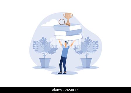 Stapel von Büchern und Siegerpokal auf der Oberseite. Bildung, Online-Kurse und Business, Fernunterricht, Online-Bücher und Studienführer, Prüfungsvorbereitung, hom Stock Vektor