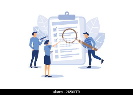 Umfragekonzept, Personen mit Qualitätstest und Zufriedenheitsbericht zeigen, geeignet für Landing Page, UI, Web, App-Intro-Karte, redaktionell, Flyer und Verbot Stock Vektor