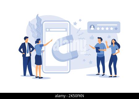 Vektor-Illustration eines großen Magneten zieht Likes, gute Bewertungen, Bewertung Stock Vektor