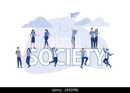 Gesellschaft. Isometrisches Sozialkonzept mit Menschen in verschiedenen Posen. Flat Vector Design Illustration. Stock Vektor