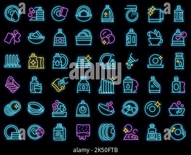 Symbole für Geschirrspülmittel legen einen Umrissvektor fest. Geschirrschüssel. Keramikwaschmittel Vektor Neon Stock Vektor