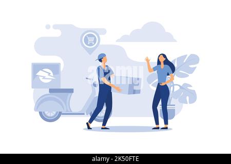 Online Delivery Service Konzept, zeigt einen Lieferer, der Paket an den Kunden sendet, geeignet für Landing Page, UI, Web, App Intro Card, Editorial, fl Stock Vektor