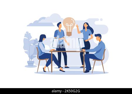 Business Meeting Teamwork-Konzept. Geschäftsmänner und Frauen mit Laptop. Kollegen Charaktere kommunizieren Brainstorming, Diskussion Idee. f Stock Vektor