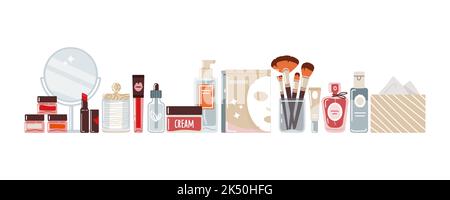 Make-up, Hautpflege Kosmetik in flachem Stil auf weißem Hintergrund.Vektor-Illustration Stock Vektor