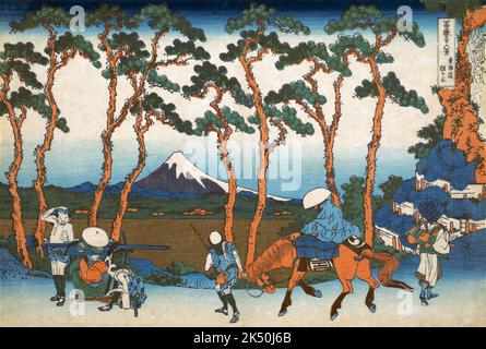 Japan: ‘Hodogaya auf der Tokaido-Straße’. Ukiyo-e Holzschnitt aus der Serie ‘Thirty-Six views of Mount Fuji’ von Katsushika Hokusai (31. Oktober 1760 - 10. Mai 1849), 1830. ‘Thirty-Six Views of Mount Fuji’ ist eine Serie von Holzschnitten der japanischen Künstlerin Katsushika Hokusai, die „Sukiyo-e“ ‘. Die Serie zeigt den Fuji in unterschiedlichen Jahreszeiten und Wetterbedingungen an verschiedenen Orten und Entfernungen. Es besteht tatsächlich aus 46 Drucken, die zwischen 1826 und 1833 entstanden sind. Die ersten 36 wurden in die Originalpublikation aufgenommen, und aufgrund ihrer Popularität wurden nach der Originalpublikation 10 weitere hinzugefügt Stockfoto