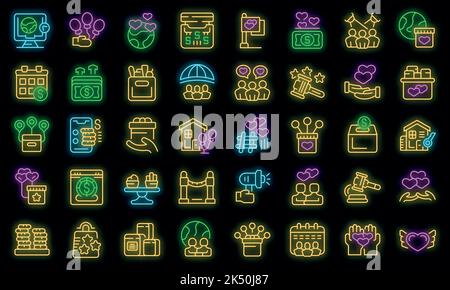 Symbole für wohltätige Zwecke legen einen Gliederungsvektor fest. Helft ehrenamtlich. Hilfe spenden Vektor Neon Stock Vektor