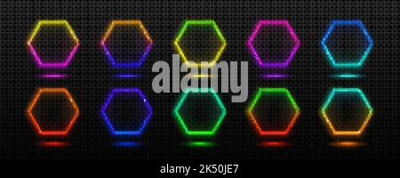 Neon-Rahmen, Lichtbanner sechseckig. Abstrakte elektrische Schilder Grenzen mit Leuchteffekt für Nachtclub oder Casino. Futuristische Digitalbilder mit GRA Stock Vektor