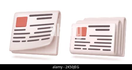 3D Zeitungssymbole isoliert auf weißem Hintergrund gesetzt. Vektordarstellung der Presse mit Artikeln und Schlagzeilen auf Seiten. Retro Business Media, täglich so Stock Vektor