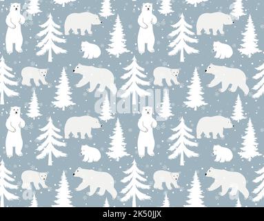 Nahtloses Vektor-Muster mit niedlichen handgezeichneten Eisbären, Kiefern und verschneiten Winterwäldern auf dunkelblauem Hintergrund. Perfekt für Textil, Tapete Stock Vektor