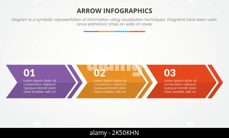 Infografik-Präsentationsvorlage im Pfeilstil mit moderner flacher Farbe und horizontalem Richtungsvektor mit 3 Pfeilen Stockfoto