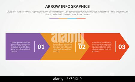 Infografik-Präsentationsvorlage im Pfeilstil mit moderner flacher Farbe und horizontalem Richtungsvektor mit 3 Pfeilen Stockfoto
