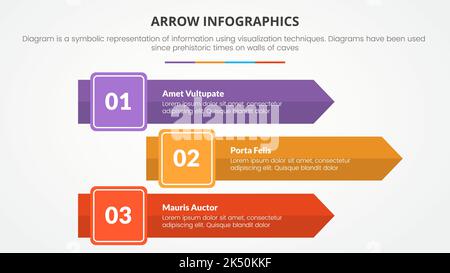 Infografik-Präsentationsvorlage im Pfeilstil mit moderner flacher Farbe und Pfeilvektor mit 3 Stapeln Stockfoto
