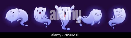 Niedliche Geister, Cartoon Halloween-Figuren gesetzt. Lustige Ohren Spuk Kreatur Emotionen. Gruselige Geister, lächeln, schlafen, arrogant, erschrecken vor blutender absichtserklärung Stock Vektor