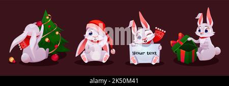 Niedliche Weihnachten Kaninchen, Cartoon Neujahr Hase Charaktere gesetzt. Lustige Weihnachten Tier Persönlichkeit in Weihnachtsmann Hut und Schal mit Geschenkbox, Banner und Tannenbaum Stock Vektor