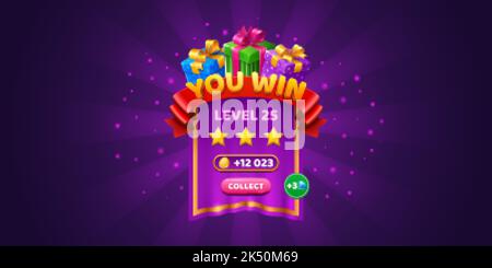 Sie gewinnen Spiel Popup-Banner, Casino Jackpot Ebene Ergebnis Bildschirm. Victory Pop-up-Benutzeroberfläche mit goldenen Münzen, Sternen und Geschenkboxen. UI-Spielplätze Stock Vektor