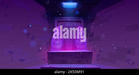Ägypten Pyramide, Tempel pharaoh Grab oder Schatzkammer in der Nacht mit lila Neon Beleuchtung, Backsteinmauer, Statuen, Hieroglyphen und Luke an der Decke. Stock Vektor