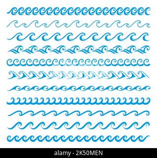 Wellenlinien für Meer und Ozean. Vektorrahmen und Rahmen für blaues Wasser. Wasserwelle Dekoration Linie Muster gesetzt. Meerwasserrahmen isolierter Separator, nautische Rahmenbegrenzung oder Trennwand Stock Vektor