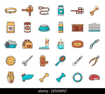 Hund und Welpen Tierpflege skizzieren Symbole. Symbole für Körperpflege, Tiergesundheit, Lebensmittel und Spielzeug. Vektorknochen, Schalen, Zwinger und Kragen, Leine, Pinsel und Bett, Ball, Clippers und Shampoo isolierte Symbole Stock Vektor