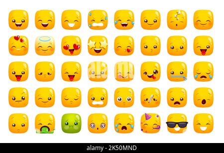 Smile Emoji und Ausdruck Symbole der Emoticon Gesichter, Vektor glücklich, traurig und wütend gesetzt. Lustige Emoji oder niedlichen Kawaii Quadrat lächelt mit Lachen oder Liebe Emotionen, Nachricht Chat Ausdruck Emoticons Pack Stock Vektor