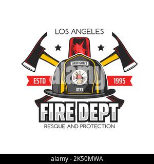 Brandbekämpfungs-Symbol und Feuerwehrsymbol mit Vektorhelm von Feuerwehrleuten oder Feuerwehrleuten, gekreuzten Achsen und Feuerwehrauto-Notlicht. Rettungsdienst isoliert Abzeichen mit Feuerwehrausrüstung Stock Vektor