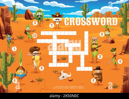 Kreuzworträtsel Spiel Raster. Cartoon Cowboy, Sheriff, Ranger und Bandit Gemüsefiguren. Kinder Wortschatz Rätsel, Wortsuche Spiel Vektor Arbeitsblatt mit Zwiebeln, Rettich und Kartoffeln, Erbse, Oliven, Pilz Stock Vektor