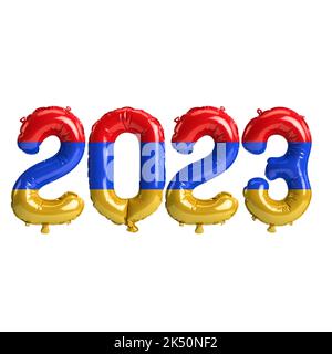 3D Illustration von 2023-jährigen Ballons mit armenischer Flagge auf weißem Hintergrund Stockfoto