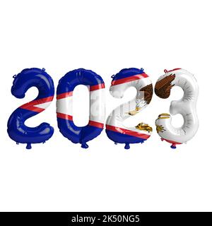 3D Illustration von 2023-jährigen Ballons mit amerikanischer Samoa-Flagge isoliert auf weißem Hintergrund Stockfoto