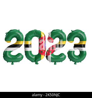 3D Illustration von 2023-jährigen Ballons mit isolierter Dominica-Flagge auf weißem Hintergrund Stockfoto