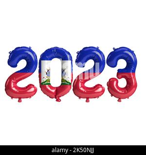 3D Illustration von 2023-jährigen Ballons mit Haiti-Flagge isoliert auf weißem Hintergrund Stockfoto