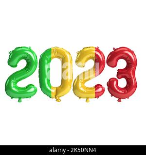 3D Illustration von 2023-jährigen Ballons mit Mali-Flagge isoliert auf weißem Hintergrund Stockfoto