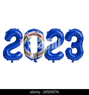 3D Illustration von 2023-jährigen Ballons mit Flagge der Nördlichen Marianen auf weißem Hintergrund Stockfoto