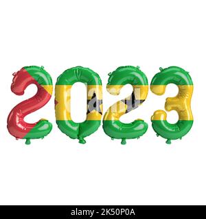 3D Illustration von 2023-jährigen Ballons mit Sao Tome und Principe-Flagge auf weißem Hintergrund isoliert Stockfoto