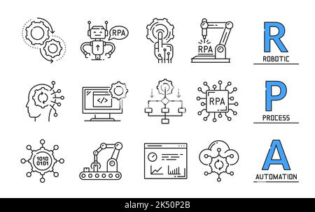 RPA-Symbole, Roboterautomatisierungsprozess und KI-Technologie, Vektorrobotersymbole für die Industrie. RPA-Line-Symbole für digitales Automotive-Management und Maschinen, Web-Daten-IOT und Business-Hyperautomatisierung Stock Vektor