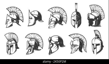 Helme von spartanischen, römischen und griechischen Kriegern oder Gladiatoren, Vektor-, Trojaner- oder Sparta-Soldaten-Oberrüstungen. Centurion Helme von mittelalterlichen Ritter-, spartanischen und römischen Gladiatorenrüstungen Stock Vektor