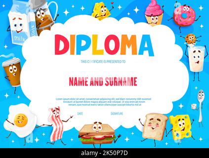 Kinderdiplom. Cartoon Frühstück Lebensmittel Figuren. Kinder Wettbewerb Gewinner Preis, Kinder Bildung Diplom oder Zertifikat mit Glas Milch, Kaffeetasse und Speck, Cupcake, Sandwich niedlichen Charakter Stock Vektor