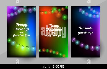 Weihnachtsgrüße, Weihnachts- und Neujahrsgeschichten-Kollektion für soziale Medien. Weihnachtsgrüße auf einem farbenfrohen Hintergrund mit Lichtern. Vektorgrafik. Stock Vektor