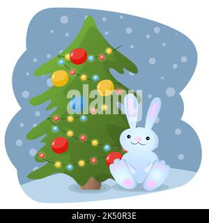 Cartoon Kaninchen sitzen in der Nähe von Weihnachtsbaum. Niedliche Weihnachten saisonale Illustration in flachen Cartoon-Stil. Vektorgrafik. Stock Vektor