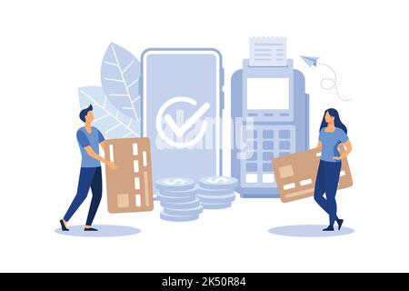 Zahlungsterminal, Kreditkarten, Mobiltelefon und Personen Zeichen. POS-Maschine Illustration. Flache moderne Design Illustration Stock Vektor