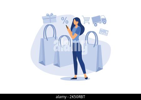 Frau wählen Waren in einer mobilen Anwendung online. Shopping-Konzept flache Illustration für Web-Design, Banner, mobile App, Landing Page flach modern des Stock Vektor