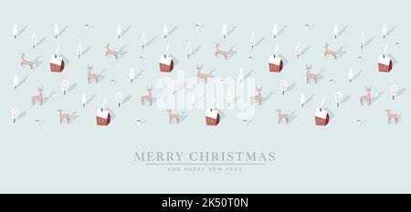 Winterlandschaft, Webbanner. Weihnachtskarte, Einladung. Hirschen, Tannen, Pilze und schneebedeckte rote Häuser. Schlagschatten-Design. Hand Stock Vektor