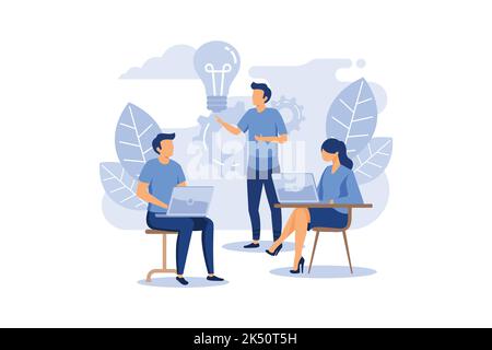 Online-Assistent bei der Arbeit. Förderung im Netzwerk. manager bei Remote-Arbeit, auf der Suche nach neuen Ideen Lösungen, die Zusammenarbeit im Unternehmen, Gehirne Stock Vektor